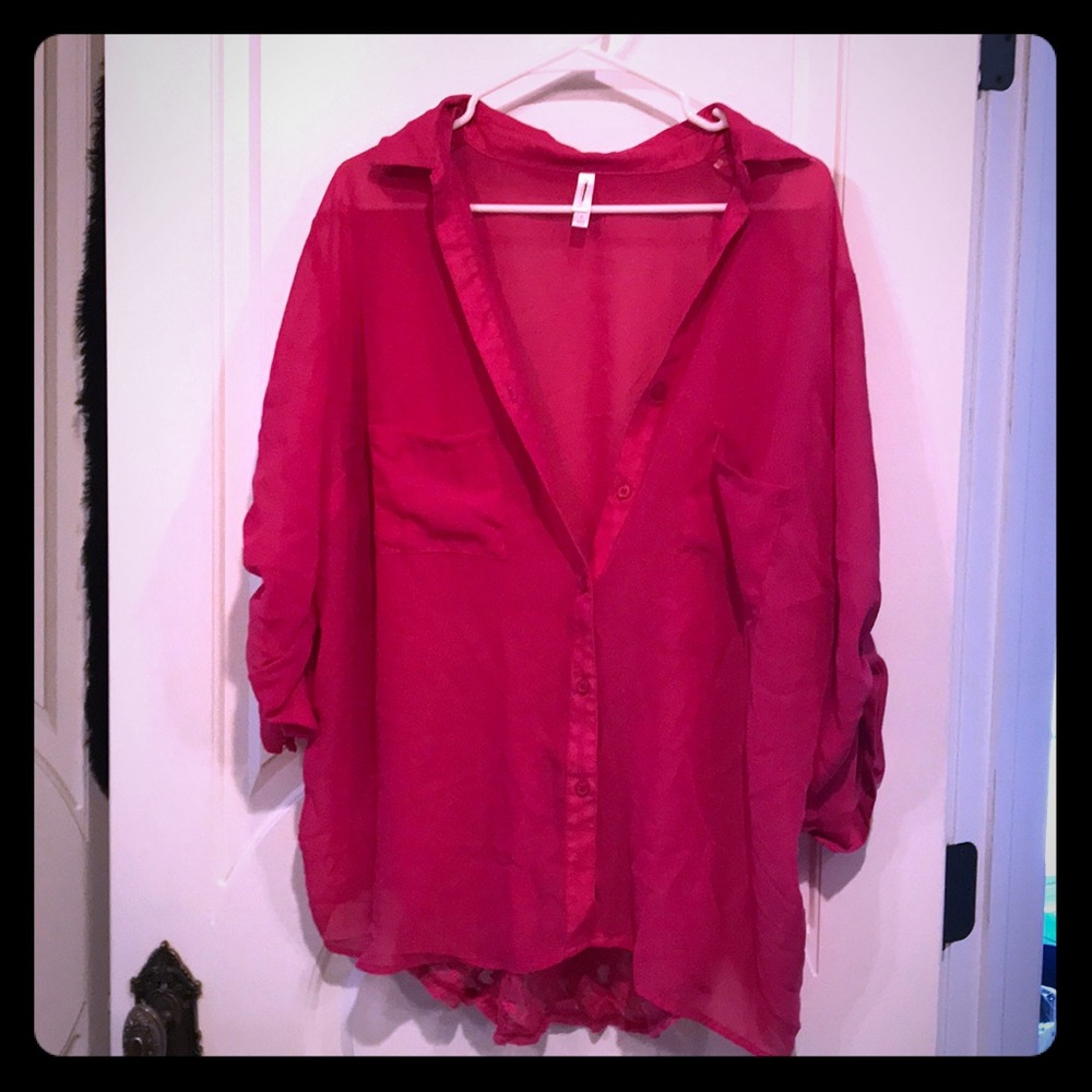 Pink 2x chiffon and lace back button down top